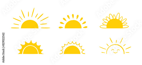 Yellow semicircle doodle half sun Hand drawn icons set doodle style. Sunset simple graphic symbols. Summer heat icons. Half round solar element.