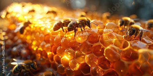 Amidst the hive's busy efficiency, bees construct golden honeycomb cells, sustaining their collective community.