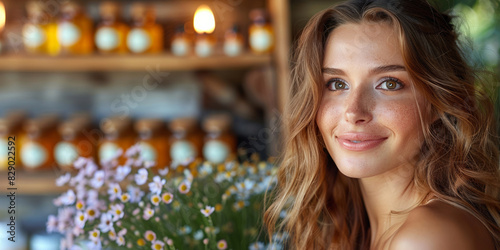 A young lady smiling, holding a wildflower bouquet, standing against shelves with honey.