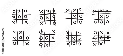 Hand drawn tic tac toe game, doodle X-O children game. Noughts and win. Play tictactoe draw.