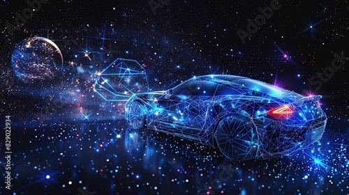 Abstract image of a sport car in the form of a starry sky or space, consisting of points, lines, and shapes in the form of planets photo