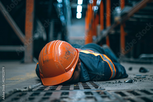 Worker with safety helmet lying on warehouse floor after accident