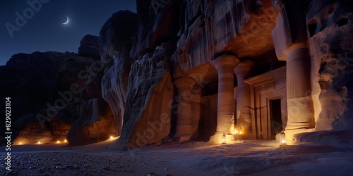 At night in Petra Jordan the soft light of lantern_005