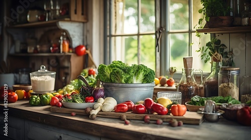 Rustic farmhouse kitchen with vintage decor and fresh produce on the counter