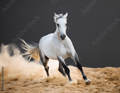 white horse running in sand with dust