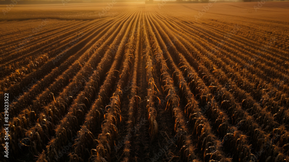 A field of corn is in full bloom with the sun shining brightly on it. The corn is tall and green, and the sun is casting a warm glow on the field. The scene is peaceful and serene A field of corn is in full bloom with the sun shining brightly on it. The corn is tall and green, and the sun is casting a warm glow on the field. The scene is peaceful and serene