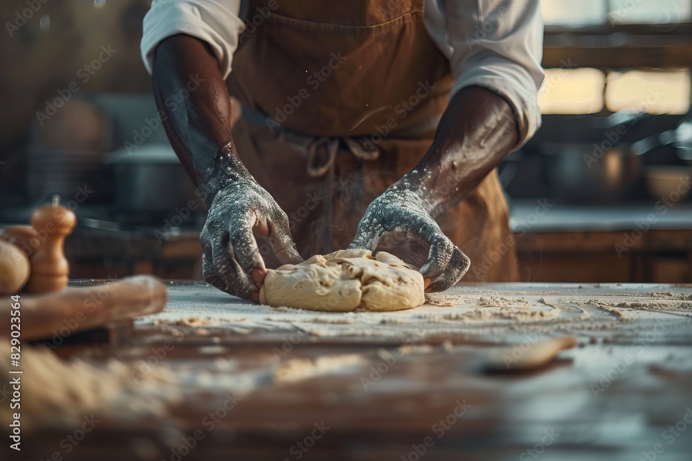 Skilled African American male cook prepares handmade dough for cakes.