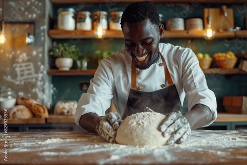 African American man bakes enthusiastically  praised by chef. photo