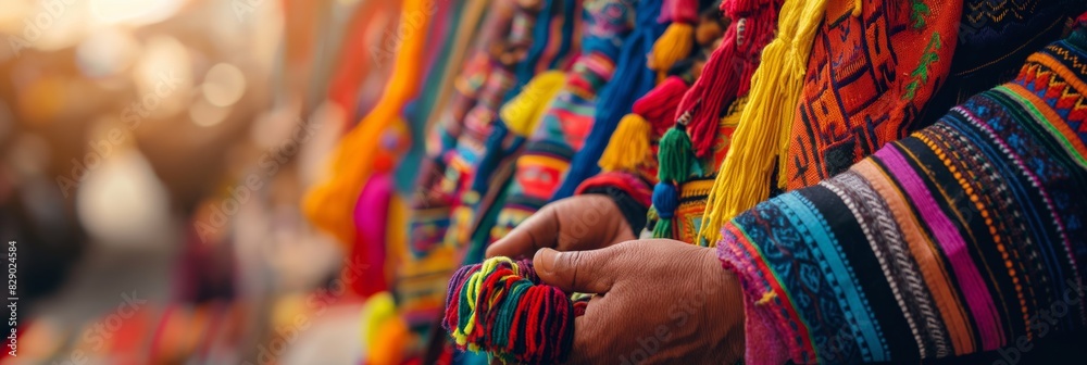 A selection of bright, handmade textiles with intricate patterns being inspected by a person at a market