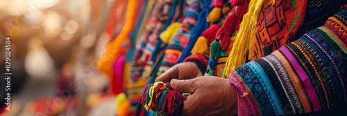 A selection of bright, handmade textiles with intricate patterns being inspected by a person at a market
