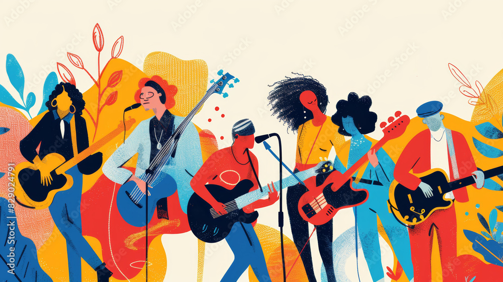 Illustration of a diverse group of musicians playing various instruments in a vibrant setting Illustration of a diverse group of musicians playing various instruments in a vibrant setting