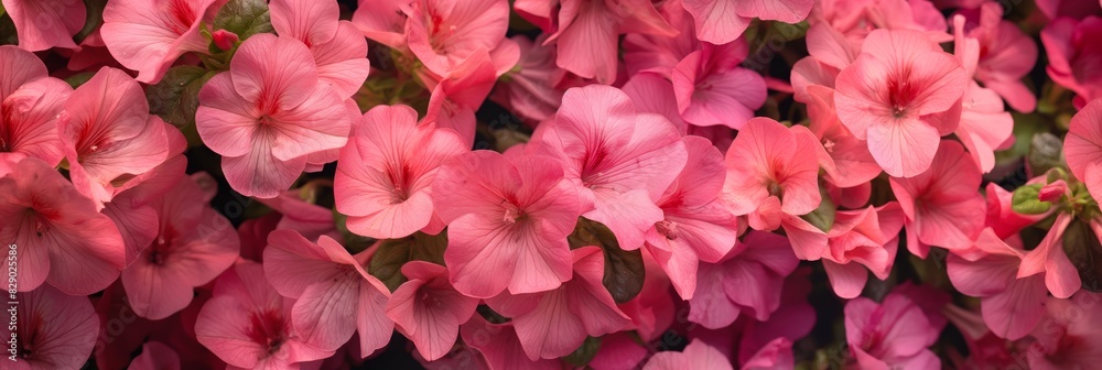 A close-up panorama of vibrant pink geraniums in full bloom A close-up panorama of vibrant pink geraniums in full bloom