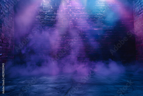 Brick wall texture pattern blue and purple background an empty dark scene laser beams neon spotlights reflection on the floor and a studio room with smoke floating up for display products