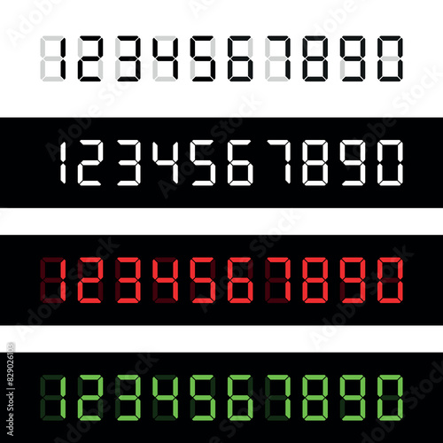 Electronic numerals (numbers arabic). Alarm clock or clock symbol. Digital information indicator, luminous numbers.