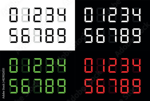 Electronic numerals (numbers arabic). Alarm clock or clock symbol. Digital information indicator, luminous numbers.