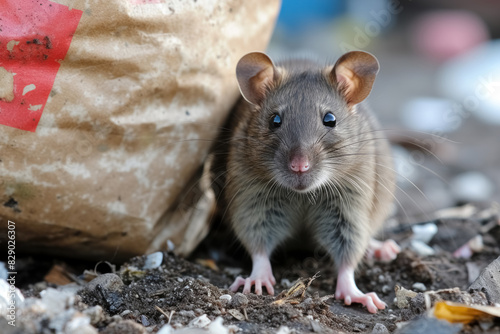Grey rat rodent feeds on city garbage dump, an environmental and health problem in big towns