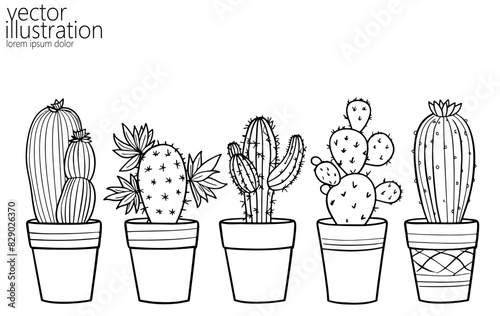  Set of cactus succulent plants. Home plants one line ink sketch flowers in a pot decorative houseplant. Contour outline vector illustration