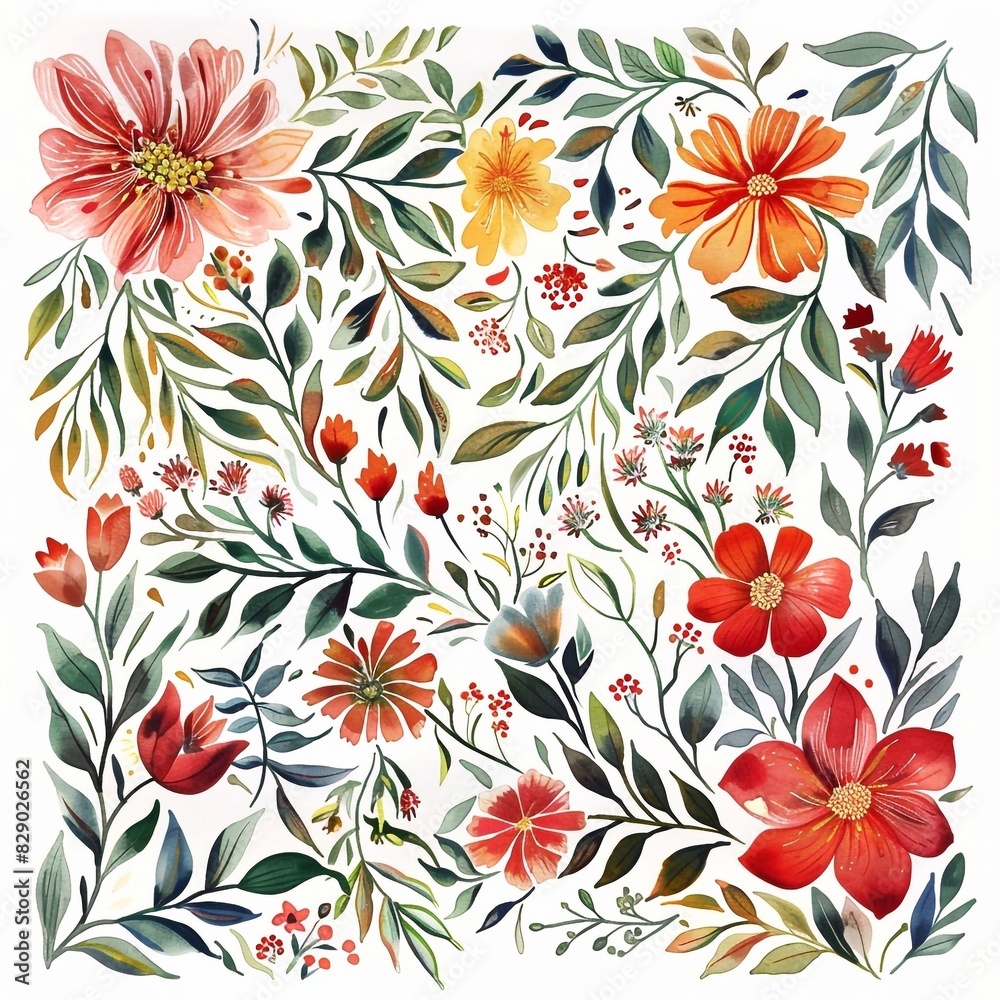 Flowers and leaves in the shape of a square. Floral background, wallpaper for design
