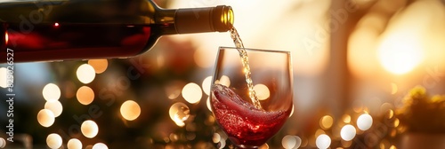 Red wine being poured elegantly into a glass with a festive bokeh background, capturing a celebration moment photo