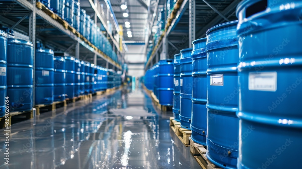 Fototapeta premium Rows of blue industrial barrels in warehouse setting