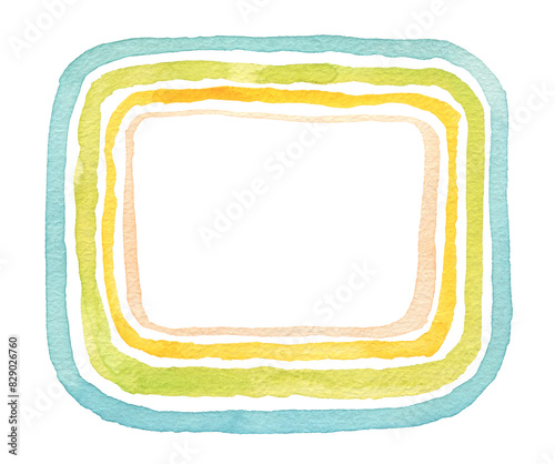 Ink watercolor hand drawn square stain painting line frame. Wet yellow, blue pastel color paper texture on white background.