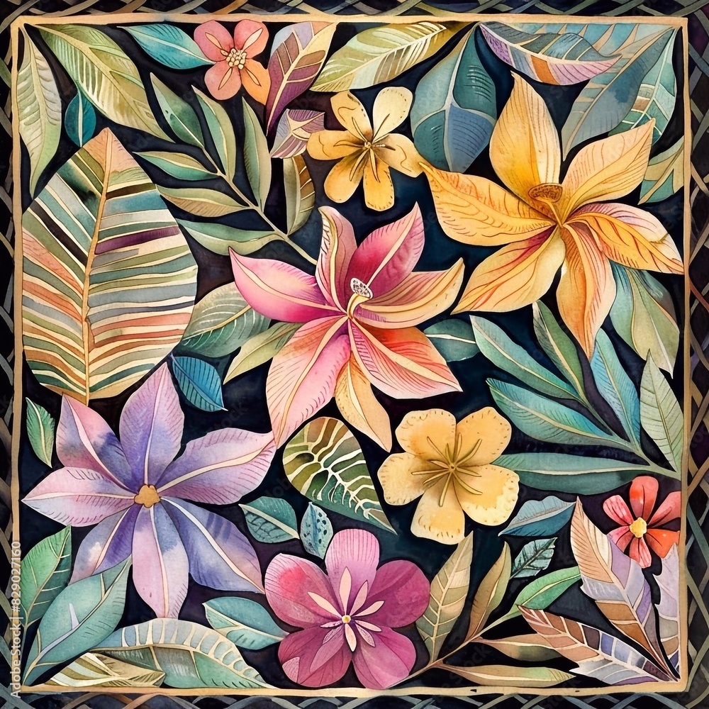 Flowers and leaves in the shape of a square. Floral background, wallpaper for design Flowers and leaves in the shape of a square. Floral background, wallpaper for design