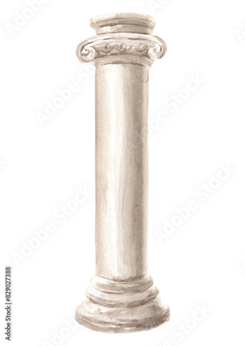 Classic antique marble column, Hand drawn watercolor  illustration,  isolated on white background