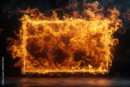 Rectangular frame engulfed by bright flames, black background with geometric shape and dynamic movement of fire on burning object,