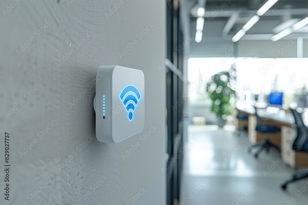 White router with blue Wi-Fi symbol hangs on wall of bright, well-lit modern coworking office with furniture desks, computers, blurry background White router with blue Wi-Fi symbol hangs on wall of bright, well-lit modern coworking office with furniture desks, computers, blurry background