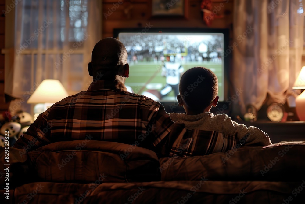 Fans of american football. Father and son watching TV.