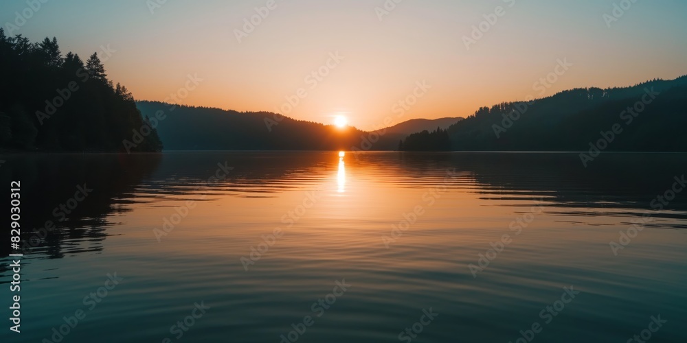 The sun sets in a serene fashion over a calm lake surrounded by forested hills, evoking peace
