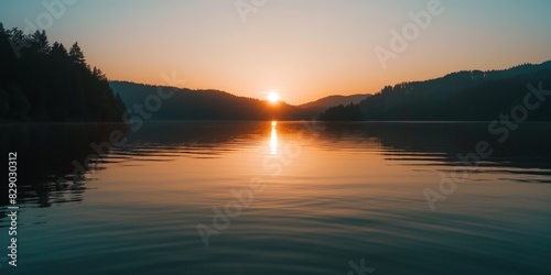 The sun sets in a serene fashion over a calm lake surrounded by forested hills  evoking peace