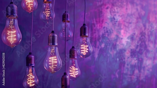 Vibrant spiral light bulb shines amid burnt out tungsten ones in hanging lamp fixtures against a textured violet backdrop