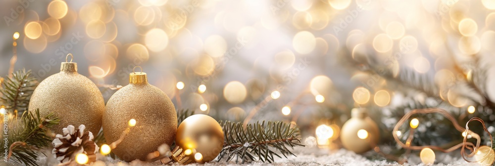 Festive Christmas image with glittering gold balls and pine needles amidst soft bokeh light effects