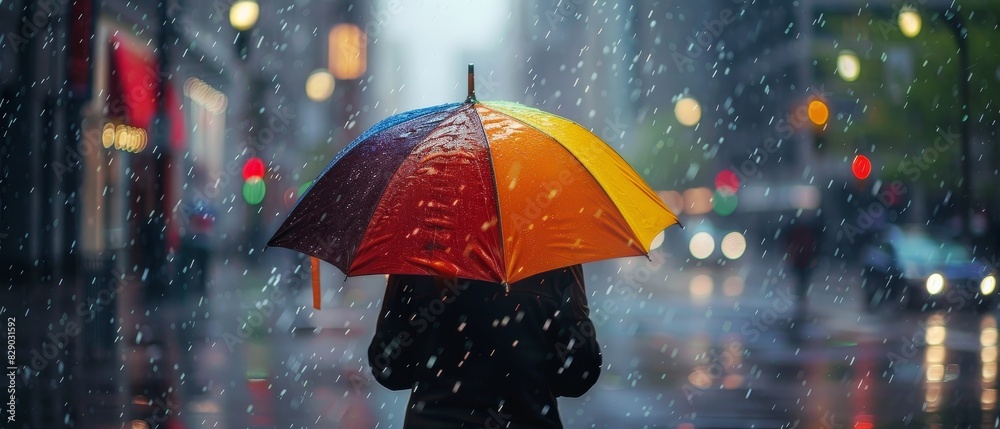  Rain-soaked urban setting with person under a colorful umbrella