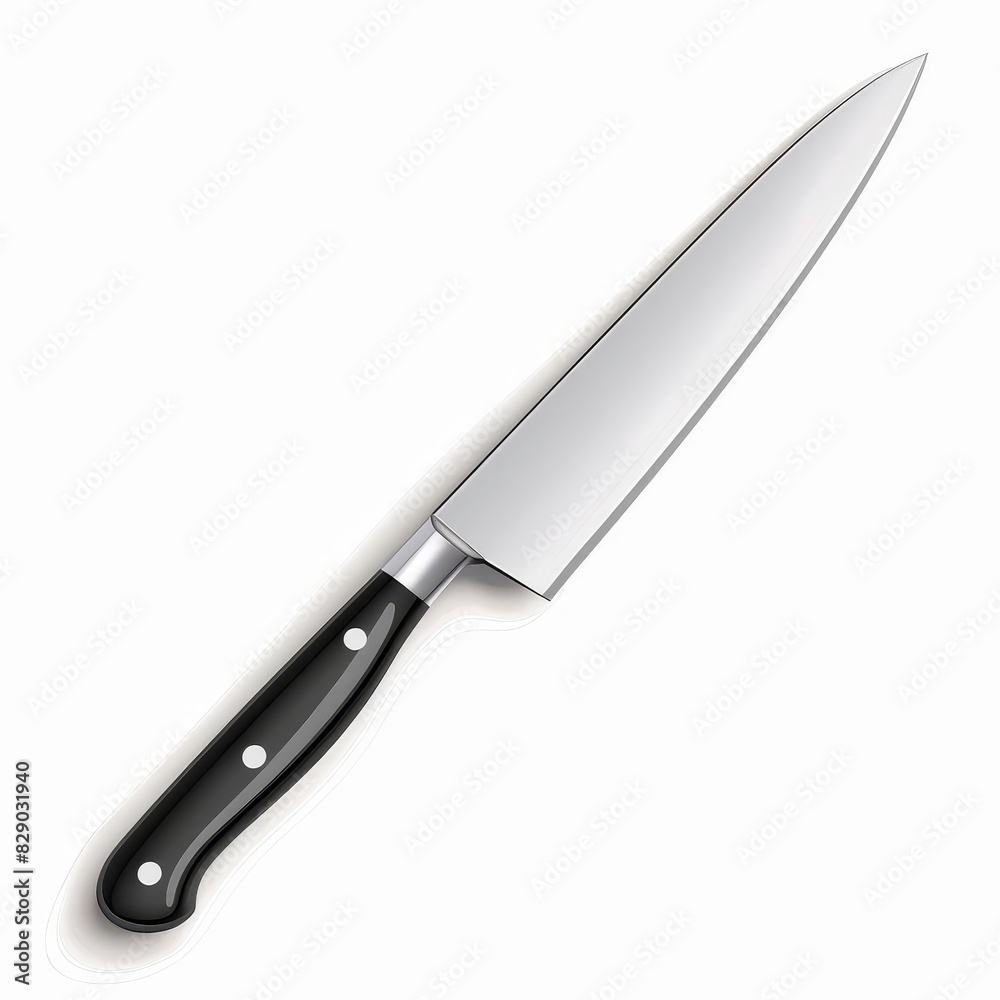 Professional kitchen knife with black handle isolated on white background. Vector illustration.