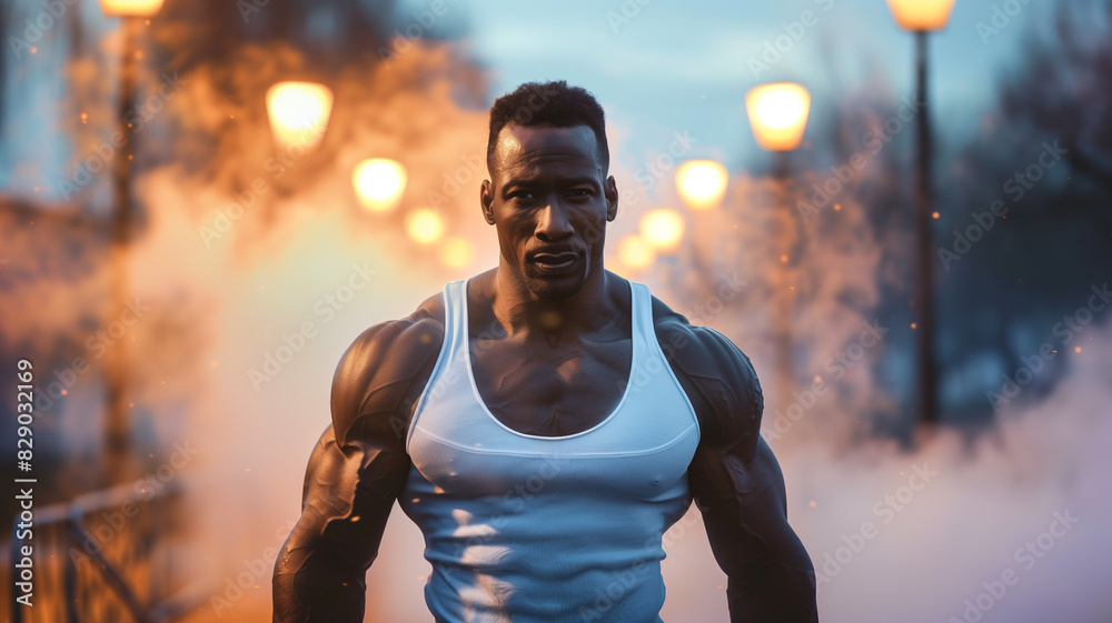 Muscular man in a tank top standing in a foggy, dimly lit park at night, exuding strength and determination. Muscular man in a tank top standing in a foggy, dimly lit park at night, exuding strength and determination.