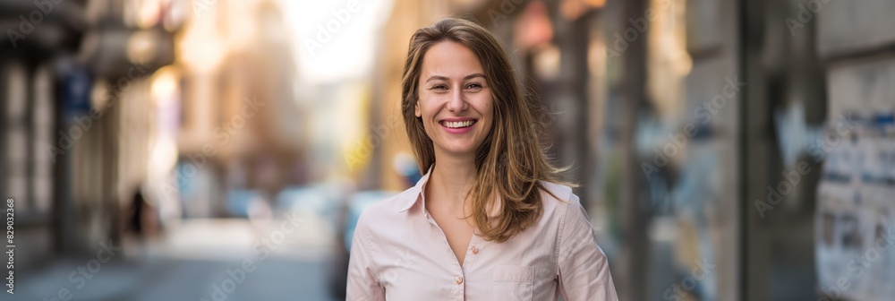 Fototapeta premium A woman smiling brightly against an urban backdrop with soft morning light creating a feeling of optimism