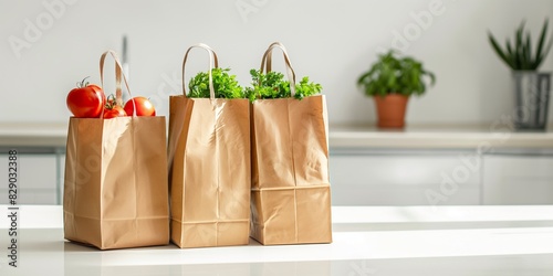 Green vegetables and tomatoes in three paper bags on the table