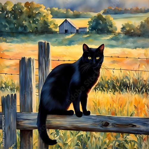 A black cat sitting on the fence photo