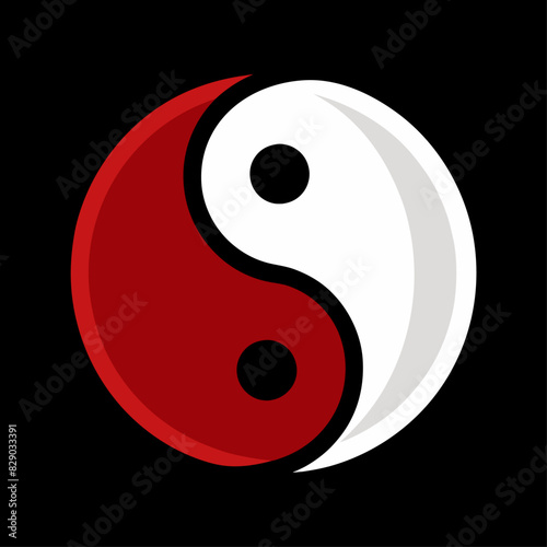 Yin yang symbol in red and white on black background shows balance and harmony