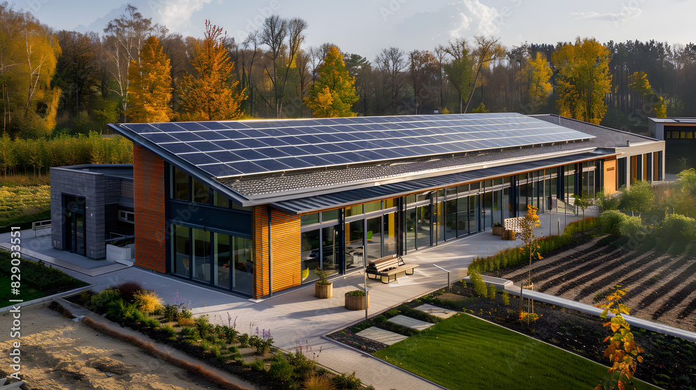 Obraz premium A building with a green roof and solar panels on top