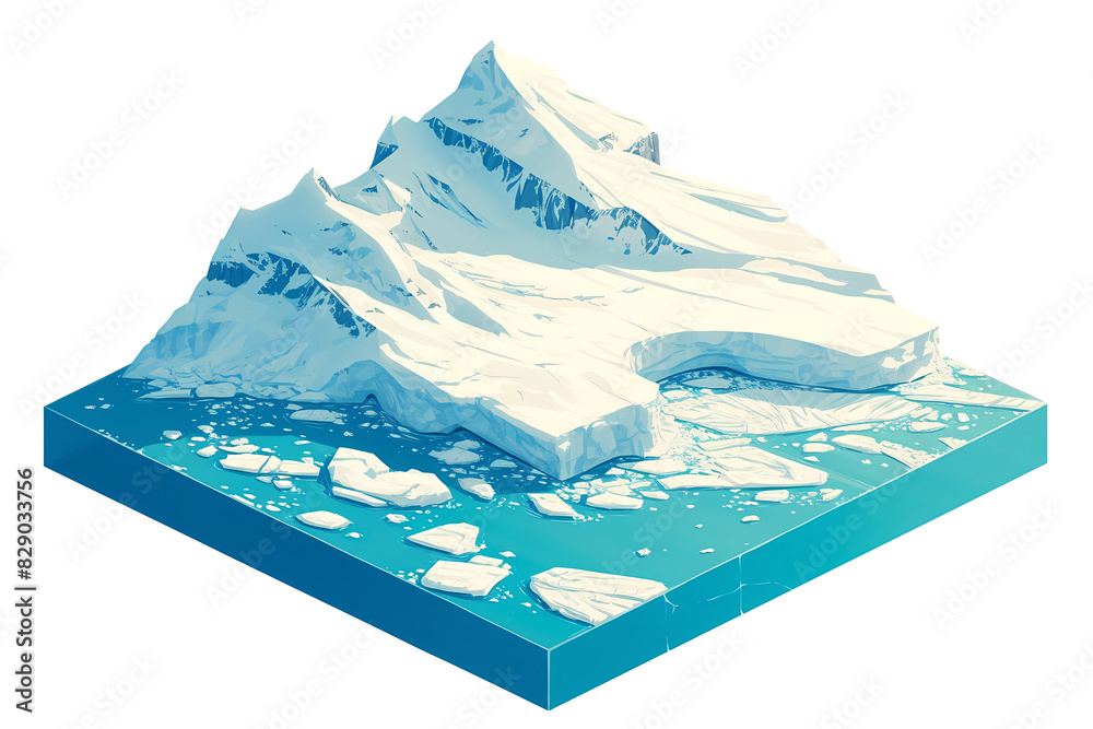 Obraz premium Isometric glacier terrain with mountains and ocean. Illustration isolated on transparent background. Geographical concept. Clipart for game asset, infographic, and educational material. 