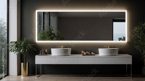 Big mirror with minimalist design and subtle glow around its edges in the luxury modern room