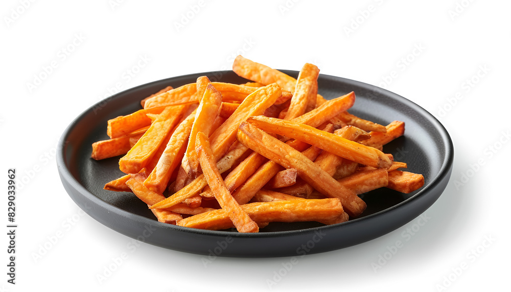 Plate with delicious sweet potato fries on white background Plate with delicious sweet potato fries on white background