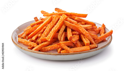 Plate with delicious sweet potato fries on white background