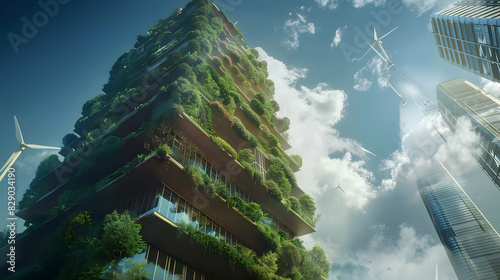 A tall building with green plants growing on it photo