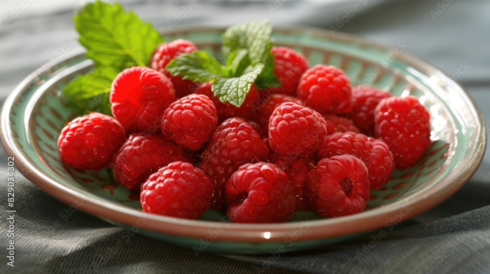 A porcelain plate filled with fresh raspberries garnished with mint A porcelain plate filled with fresh raspberries garnished with mint