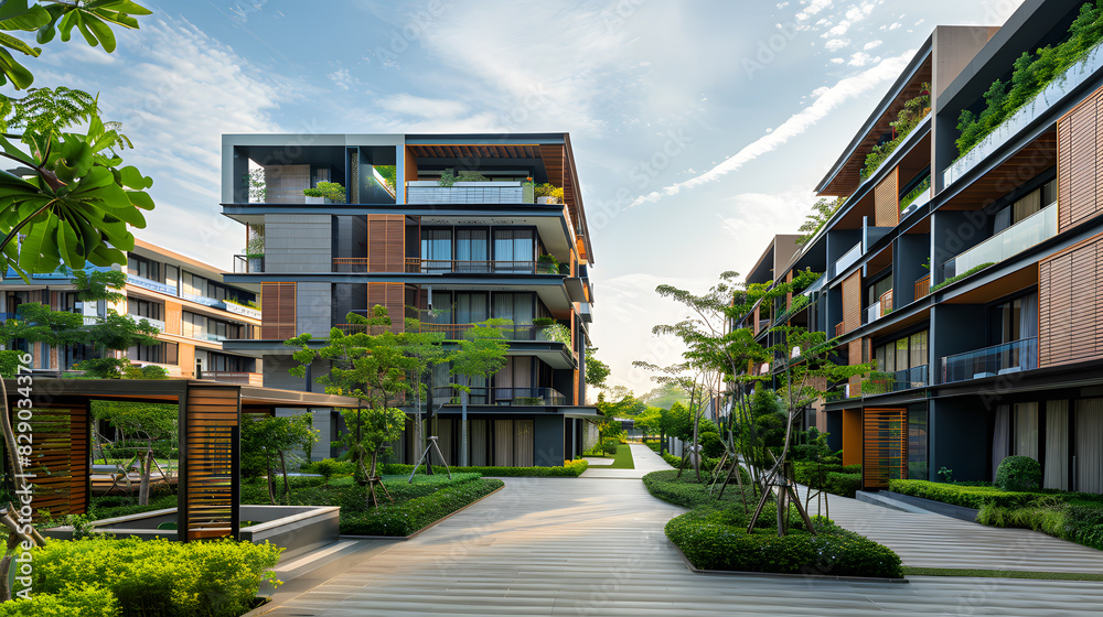 A tall building with a lot of windows and trees in the background A tall building with a lot of windows and trees in the background
