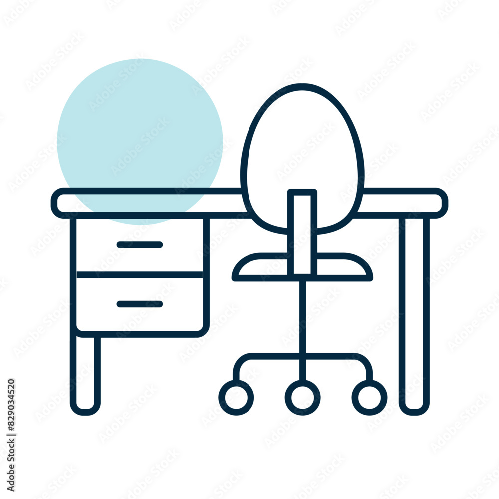 Home or office desk with caster chair icon Home or office desk with caster chair icon